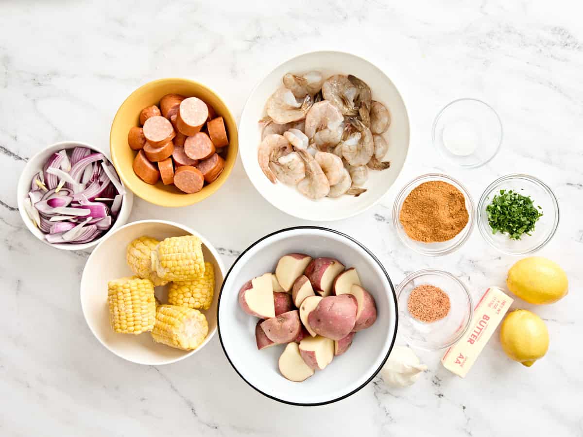 The ingredients to make a shrimp boil at home.