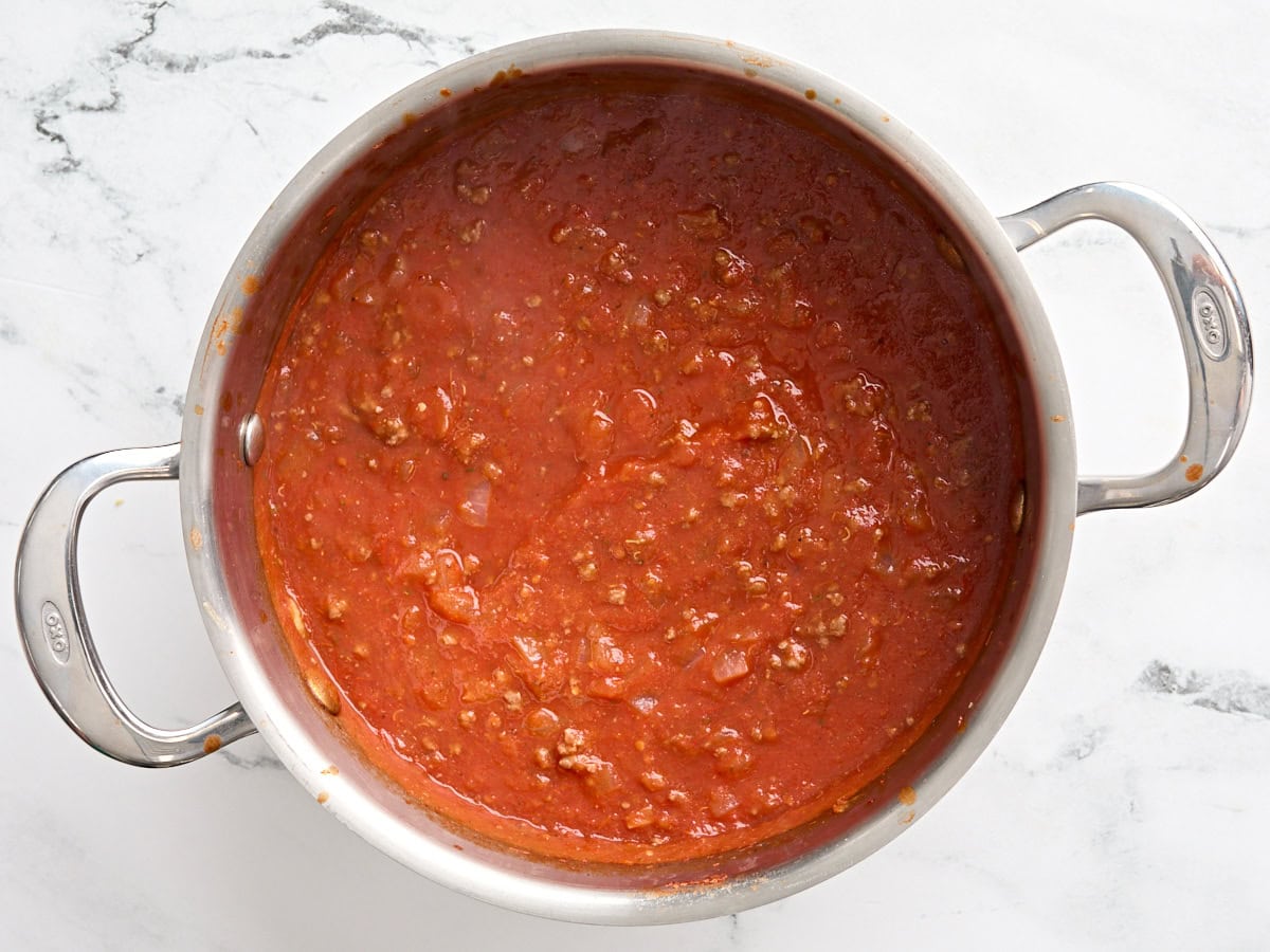 Finished pasta sauce in a skillet.