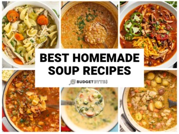 Collage of six soup recipes with title text in the center.