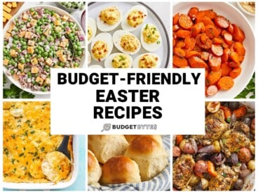 Collage of budget friendly easter recipes with title text in the center.