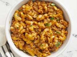 Close up overhead view of a bowl of chili mac.