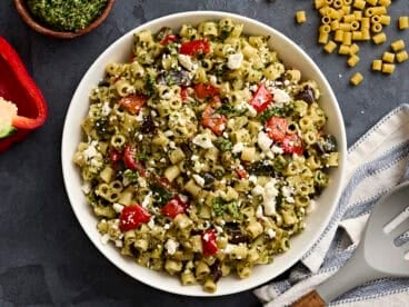 Overhead view of a bowl of homemade ditalini pasta salad.