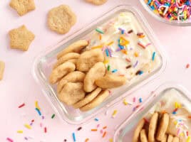Overhead of homemade dunkaroos in a box.