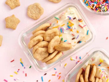 Overhead of homemade dunkaroos in a box.