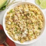 Overhead of a bowl of elote street corn pasta salad.