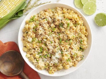 Overhead of a bowl of elote street corn pasta salad.