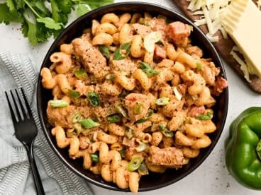 Overhead view of a bowl of creamy chicken fajita pasta.