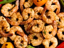 Overhead close up of grilled shrimp.