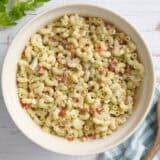 Overhead view of a bowl of macaroni salad.