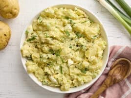 Overhead view of a bowl of Southern style potato salad.