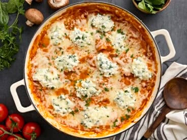 Overhead view of a vegetarian stovetop lasagna.