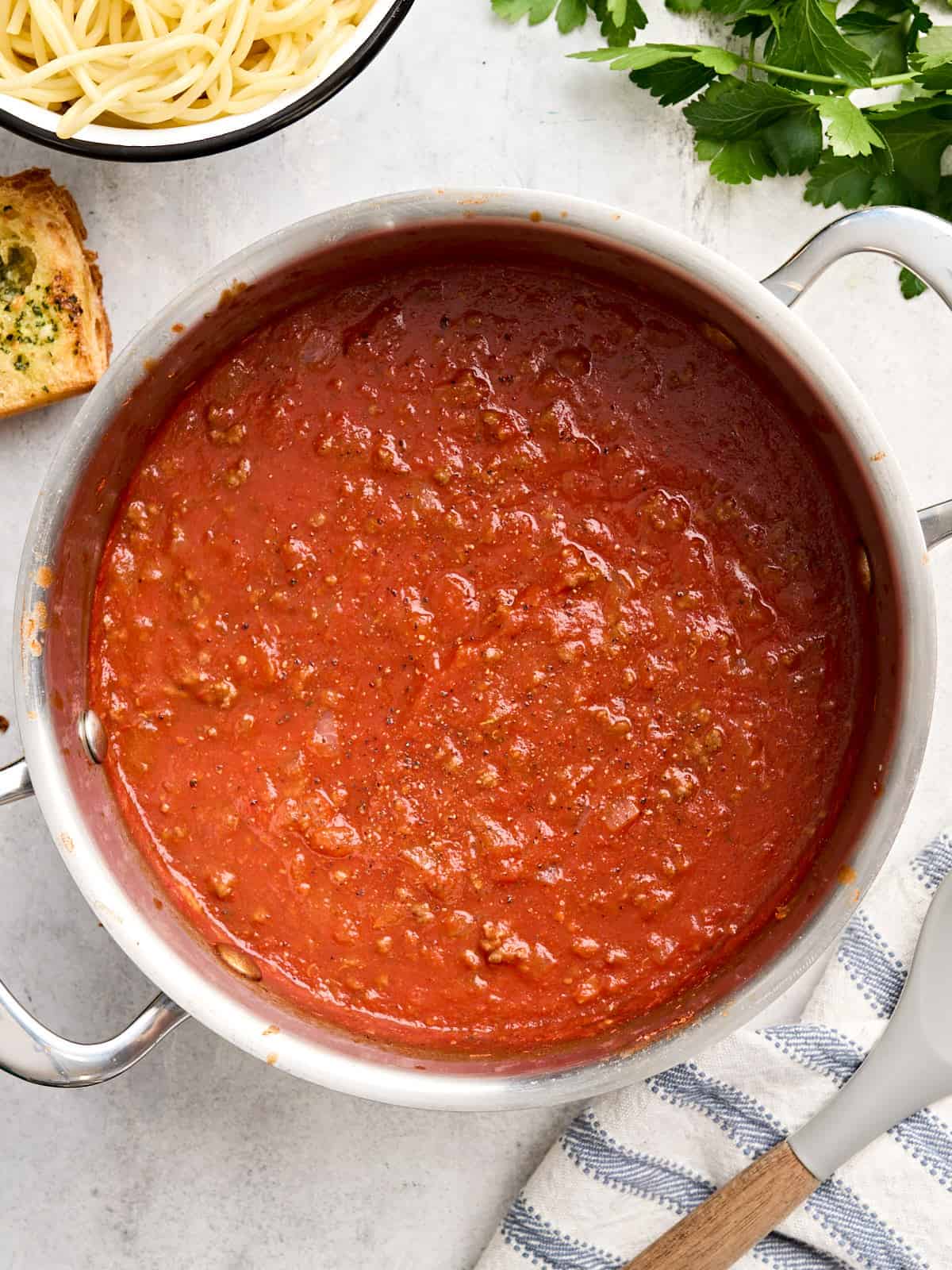 Overhead view of a pot of homemade pasta sauce.