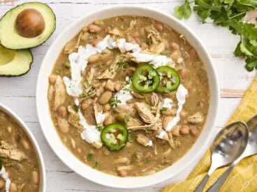 Overhead view of a bowl of slow cooked white chicken chili.
