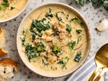 Overhead view of a bowl of zuppa toscana.